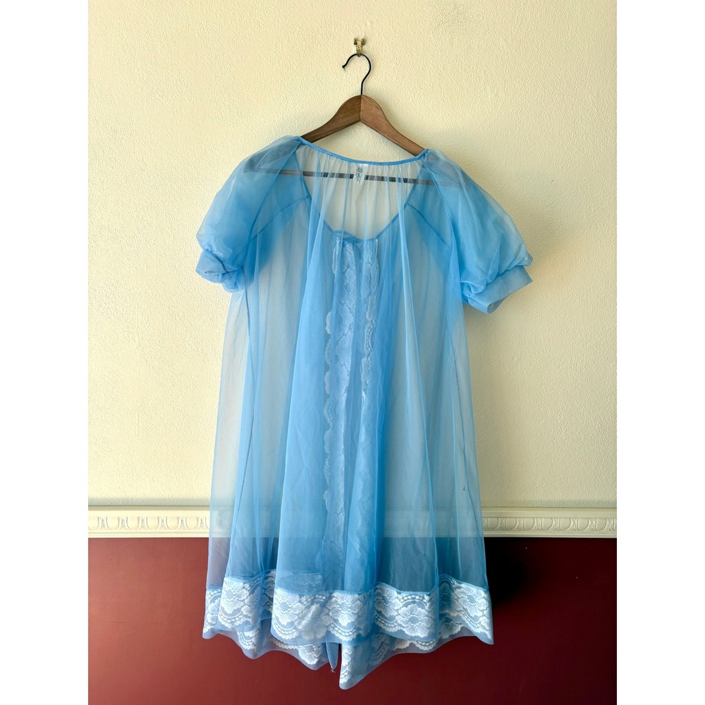 Vintage Stern-Maid Blue Sheer Lace Peignoir Robe USA Union Made S Coquette Girl - Picture 10 of 11